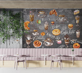 High-Quality Peel and Stick Full-Wall Mural Wallpaper, Vibrant Wallpaper for Kitchen Design, Interior Idea for Café or Restaurant — "Coffee and Dessert on a Dark Background"