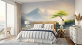 Serene Mountain Mist and Lone Tree Wall Mural - Non-Woven Wallpaper