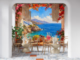 Impressionist Santorini Sea View Wall Mural - Mediterranean Terrace Oil Painting Non-Woven Wallpaper