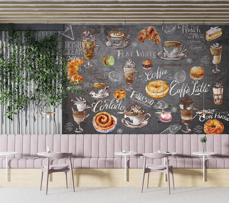 High-Quality Peel and Stick Full-Wall Mural Wallpaper, Vibrant Wallpaper for Kitchen Design, Interior Idea for Café or Restaurant — "Coffee and Dessert on a Dark Background"