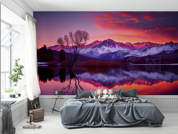 Bedroom and Living Room Wallpapers – Natural Print, Traditional Wall Murals for Accent Wall "Magnetic Mountains in Sunset Rays", Bold Design 🌄
