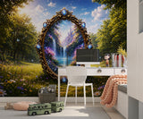 Enchanted Forest Portal Peel and Stick Mural | Fairy Tale Castle Waterfall Magical View Wallpaper