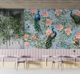 Peel and Stick Wall Mural Peacocks in Flowers for Bedroom