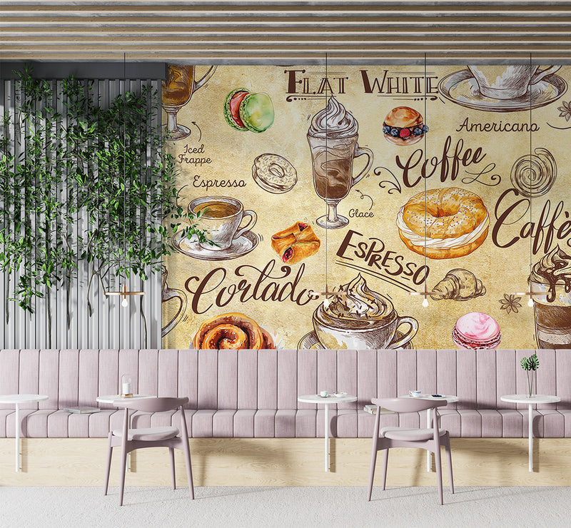 Non-woven wallpaper, vibrant wall decor for kitchen or café – "Coffee and Dessert in Vintage Style"