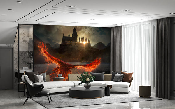 Flight of the Phoenix to the Gothic Castle – Peel and Stick Full Wall Mural, Office Wall Print, Vibrant Design for Living Room, Wallpaper for Home Office