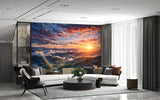 Non-Woven Wallpaper Panoramic Mountain Sunset Wall Art with Rainbow for Bedroom