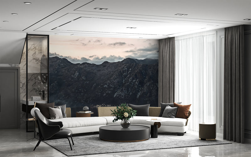 Nordic Design Peel and Stick Wall Mural Scandinavian Style Evening View of the Old Town of Kotor Bay from Mount Lovćen Print for Living Room, Office or Bedroom