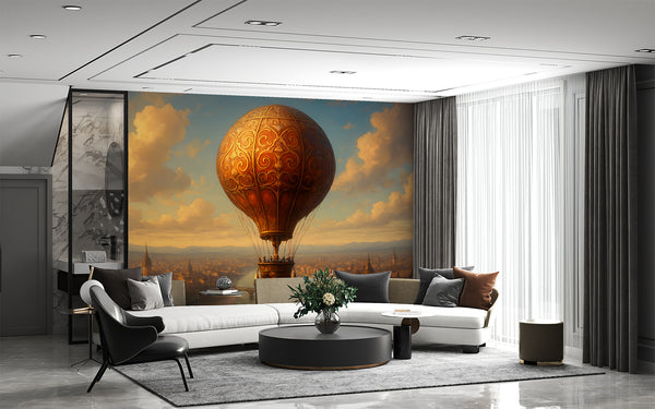 Pastel tones Art Wall – Peel and Stick wall mural for living room, bedroom, office print "Balloon Flight over the Old City" 🎈