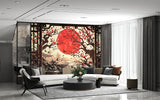 Vintage Japanese Style Wallpaper For Living Room "View From The Window To The Red Sun" Art Wall Self-Adhesive Artistic Wall Mural For Bedroom, Workspace, Office 🌅