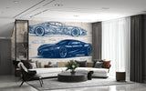 Minimalist wall design Full-wall self-adhesive wallpaper for garage, office print, art wall for a teenager's room "Car Blueprint in Blue" 🚗