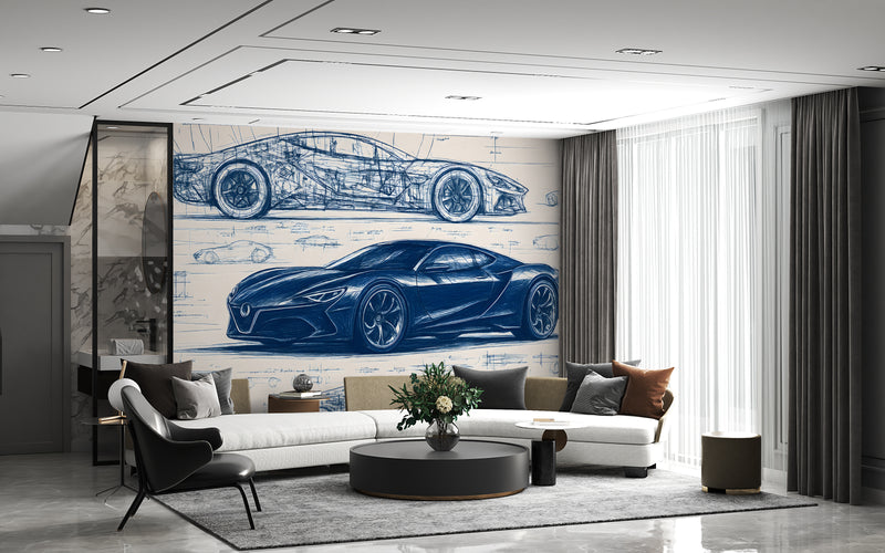 Minimalist wall design Full-wall self-adhesive wallpaper for garage, office print, art wall for a teenager's room "Car Blueprint in Blue" 🚗