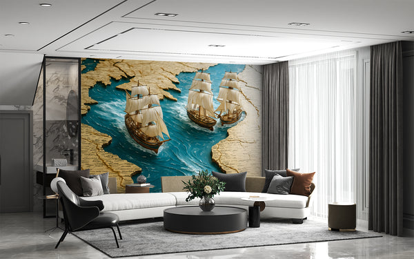 Wall Print 3D Self-Adhesive Wallpaper Perfect for Living Room, Office, Bedroom Design "Sea Journey Through the Map" 🌊🗺️