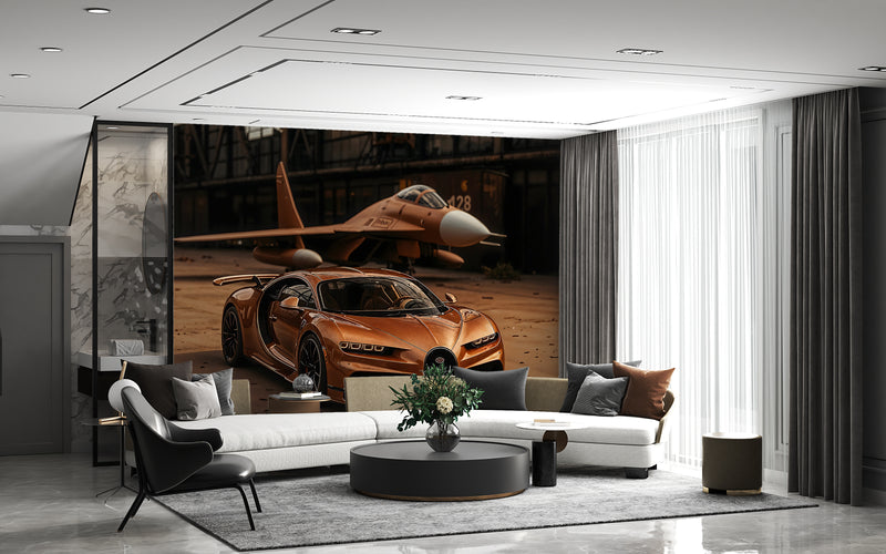 Car in bronze color Self-adhesive wall mural for workshop, office, study, or hall stylish wall mural "Sports car and fighter jet in a unified color scheme" ✈️🚗