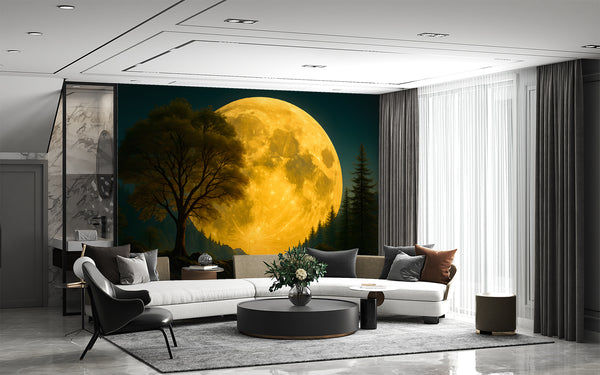 Natural Print Peel and Stick Mural For Living Room, Bedroom Office Poster "Mysterious Glow Of The Full Moon Over The Lake"