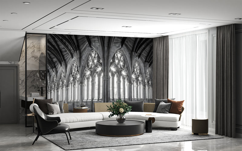 Non-Woven Black and White Wallpaper Lincoln Cathedral Interior – Large Architectural Wall Mural for Living Room, Office, and Bedroom
