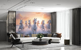 White Horses Running on the Ocean at Sunset – Non-Woven Wall Mural, Majestic Coastal Horse Wallpaper