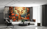 Autumn Forest Deer Wall Mural – Traditional Floral Woodland Wallpaper for Living Room & Bedroom