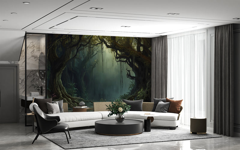 Traditional wallpaper Misty forest thickets, mystical atmosphere for bedroom, living room, or office Accent wall, Art Wall
