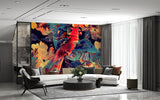 Vibrant Red Parrot Floral Peel and Stick Wallpaper – Tropical Botanical Style in Teal, Orange & Gold