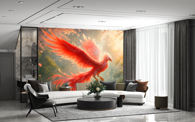 Wallpaper With Bird For Living Room, Relaxation Area, Meditatio Peel and Stick Mural ‘Flight Of The Phoenix In Sakura Blossoms’ Art Wall🌸🔥🕊️