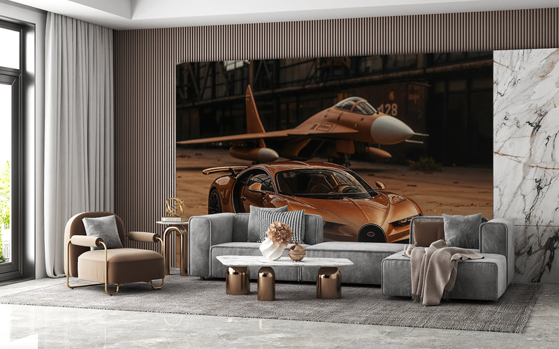 Car in bronze color Self-adhesive wall mural for workshop, office, study, or hall stylish wall mural "Sports car and fighter jet in a unified color scheme" ✈️🚗