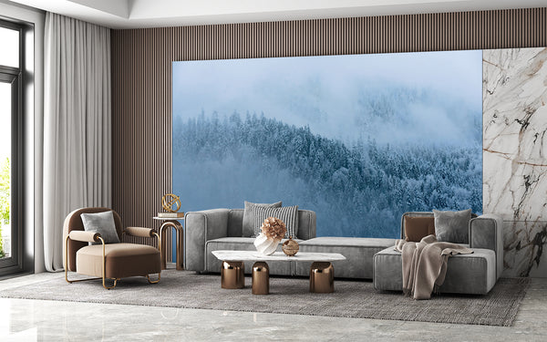 Art Design Vinyl Wallpaper Peel and Stick  Wall Mural Foggy Pine Forest for Living Room, Bedroom, Calming Print for Office or Personal Study🌲🌫️