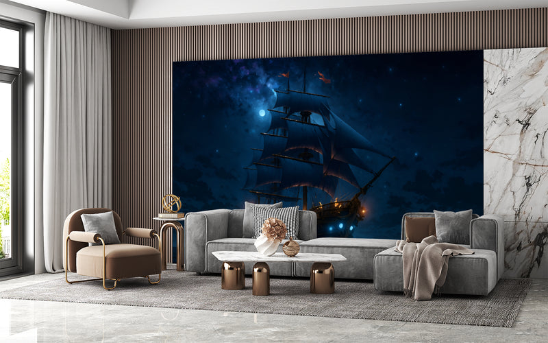 Sea Print Peel and Stick Wall Mural for Office, Living Room, Hall "Ship in the Moonlit Night" 🌙