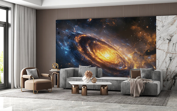 Art Design For Space Self-Adhesive Full Wall Wallpaper Print For Living Room And Bedroom "Spiral Galaxy In Fiery Glow" Design For Lovers Of The Mysterious Universe 🌌