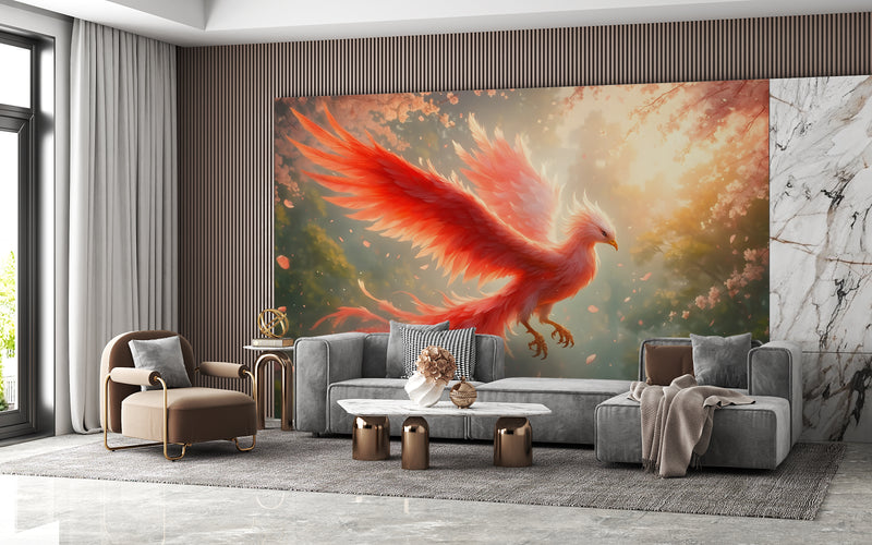 Wallpaper With Bird For Living Room, Relaxation Area, Meditatio Peel and Stick Mural ‘Flight Of The Phoenix In Sakura Blossoms’ Art Wall🌸🔥🕊️