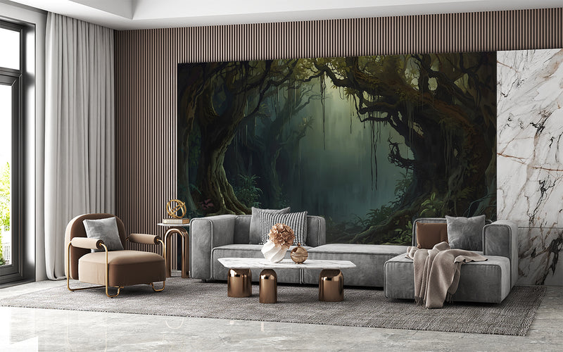Traditional wallpaper Misty forest thickets, mystical atmosphere for bedroom, living room, or office Accent wall, Art Wall