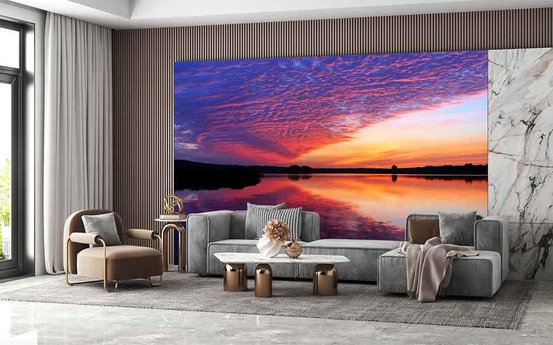 Nature Print Self-Adhesive Wall Mural for Living Room, Relaxation Area "Reflection of Clouds in the Lake" Accent Wall Decor