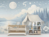 Peel and Stick Kids Wall Mural Pastel Camping Night Scene Gentle Blue-White Nursery Wallpaper Calm Bedtime Forest Print for Children’s Room