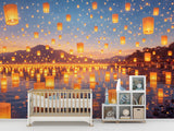 Peel and Stick Wall Mural Glowing Lanterns Over Water – Dreamy Nature Night Print for Kids Room