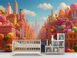 Non-Woven Wall Mural Candy Cityscape – Colorful Fantasy Candy World Wallpaper for Kids Room & Playroom Decor