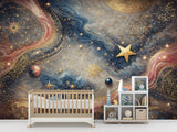 Celestial Abstract Peel and Stick Wall Mural – Cosmic Gold and Blue Art Wallpaper