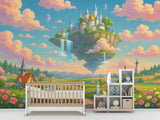 Floating Castle Fantasy Kids Wallpaper – Pastel Dreamland Peel and Stick Mural for Nursery and Playroom