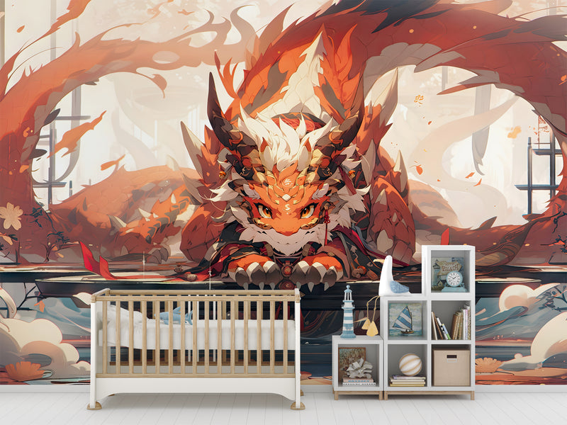 Anime Print Self-Adhesive Wallpaper For Whole Wall Animation Style For Kids Room, Living Room "Japanese Dragon Guardian" 🐉