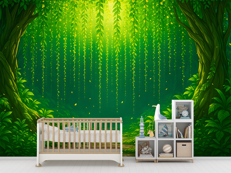 Nature Art For Kids Room Wallpaper Print For Nursery Self-Adhesive Wall Mural For Baby Room Full Wall Poster "Green Arch In The Forest"🌿