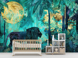 Traditional Jungle Wallpaper with Lion – Emerald Green Botanical Wall Mural with Gold Accents for Living Room & Bedroom