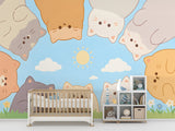 Pastel Cute Cats Peel and Stick Wallpaper – Kawaii Cat Circle Sky & Grass Wall Mural for Kids Room