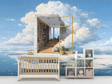 Dreamy Sky Library Wall Mural for Kids Room – Magical Floating Books Self-Adhesive Wallpaper