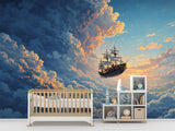 Non-Woven Wall Mural for Kids Room – Flying Ship Fairy Tale Print