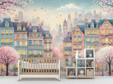 Whimsical Spring Town Wall Mural – Colorful Fantasy Houses Peel and Stick Wallpaper