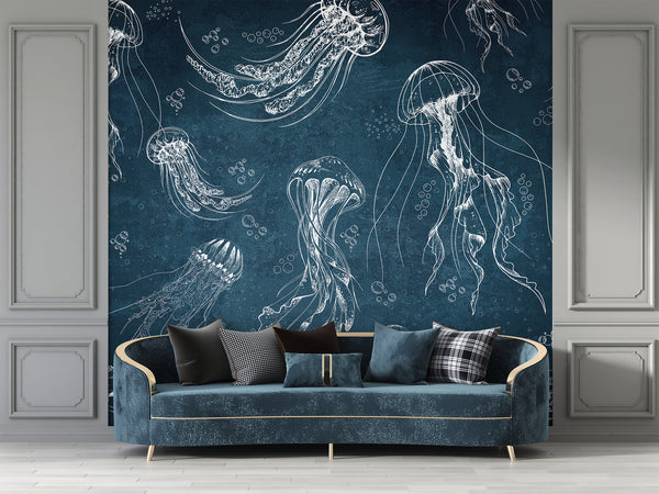 Art Wall Mural 🎨 Full Wall Peel and Stick Wallpaper "Painted Jellyfish" Wall Murals For Office Living Room
