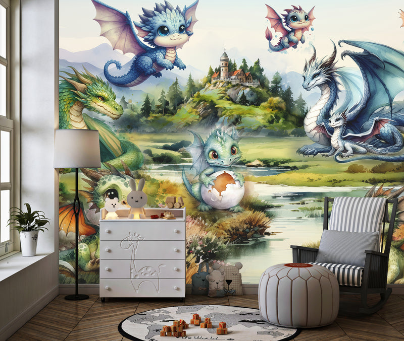 Self-Adhesive Full Wall Wallpaper For Kids Room, For Kindergarten "Dragon Family" Fairytale Print