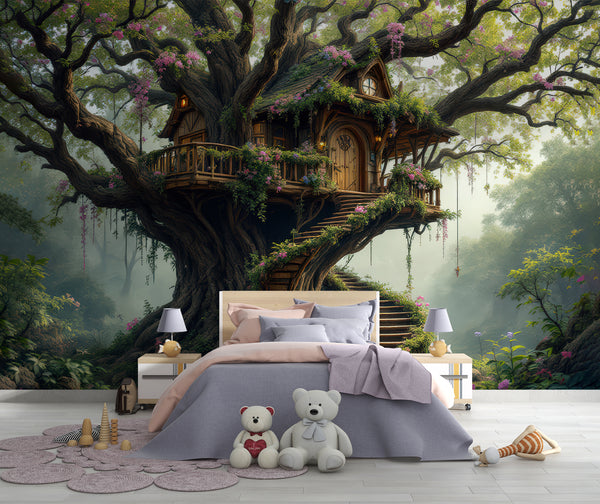 Children’s Dream Fantasy-Themed Mural Desing, Self-Adhesive Kids Wallpaper, Nursery Room Print, ‘Treehouse’ Wall Art