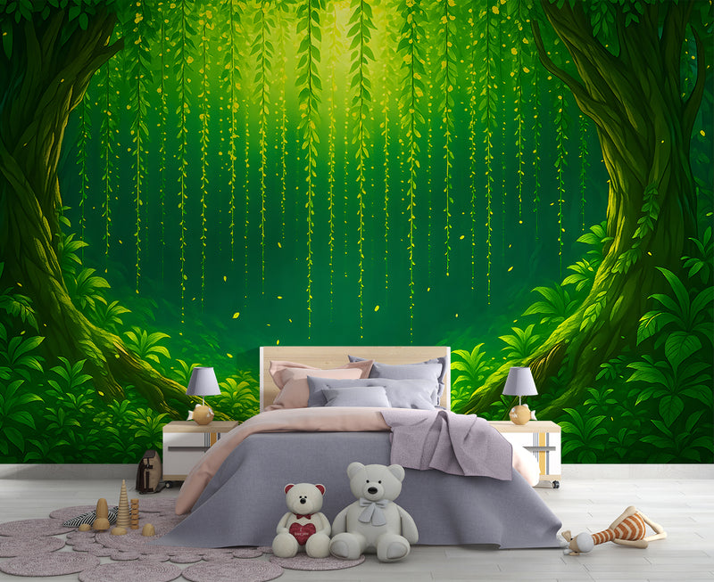Nature Art For Kids Room Wallpaper Print For Nursery Self-Adhesive Wall Mural For Baby Room Full Wall Poster "Green Arch In The Forest"🌿