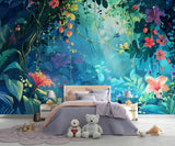 Enchanted Tropical Forest Wall Mural – Colorful Floral Jungle Peel and Stick Wallpaper for Kids Room & Bedroom