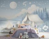 Peel and Stick Kids Wall Mural Pastel Camping Night Scene Gentle Blue-White Nursery Wallpaper Calm Bedtime Forest Print for Children’s Room