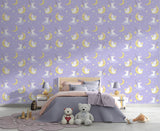 Non-Woven Wall Mural “Cute Bunnies on the Moon Catching Stars” – Magical Nursery Wallpaper